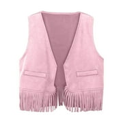 Baby Boys Girls Western Cowboy Cow Girl Vest Tassel Fringe Waist Coat Tops Party Cozy Toddler Dailywear, Pink, 9-10 Years